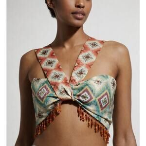 Autumn Adeigbo Soraya Beaded Fringe Twisted Crop Top – Ivory Tapestry – Size 8